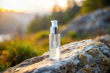 Minimalist empty serum bottle on rock