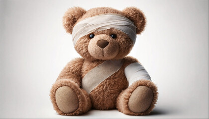 Brown teddy bear with bandages sits on a plain background.