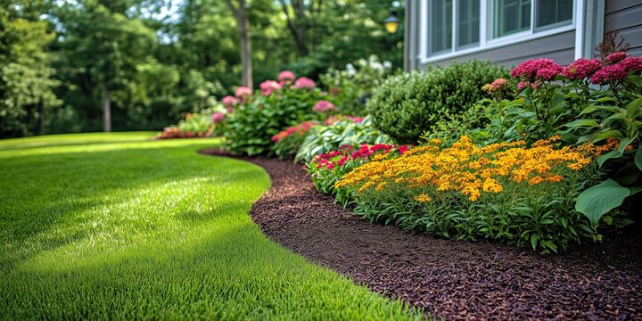 Beautiful backyard garden featuring bright yellow, pink, and red flowers, manicured green lawn, and neat mulch