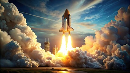 Minimalist epic scene of rocket liftoff embodying spirit space exploration discovery