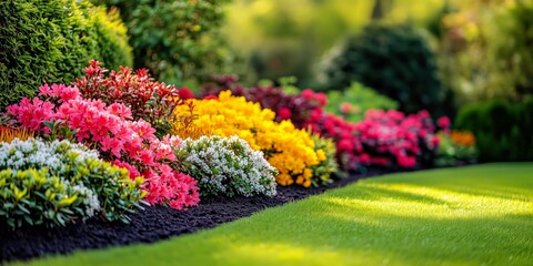 Beautiful backyard garden featuring bright yellow, pink, and red flowers, manicured green lawn, and neat mulch