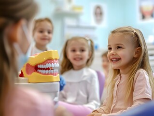 Obraz premium Children learning about dental hygiene in a fun and engaging environment, promoting healthy smiles for life.