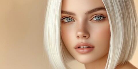 Stunning portrait of a woman with short, sleek platinum blonde hair, vibrant eyes