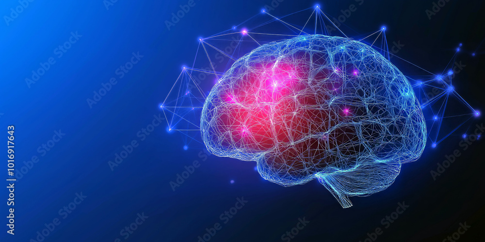 Poster abstract human brain with network connections and encryption symbols, depicted in a minimalist style
