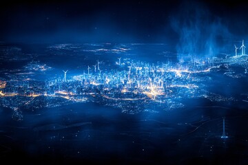 Night view of the cities and around them electricity, solar energy and wind turbines