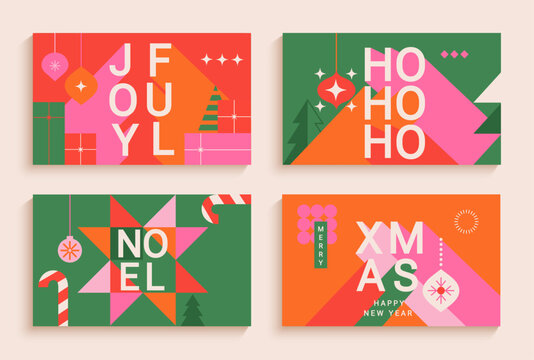2025 Christmas bright flyers, set of greeting banners in modern minimalist geometric style. Minimalistic geometric patterns. Design template for cover,web,social media, print,cards,posters. Vector