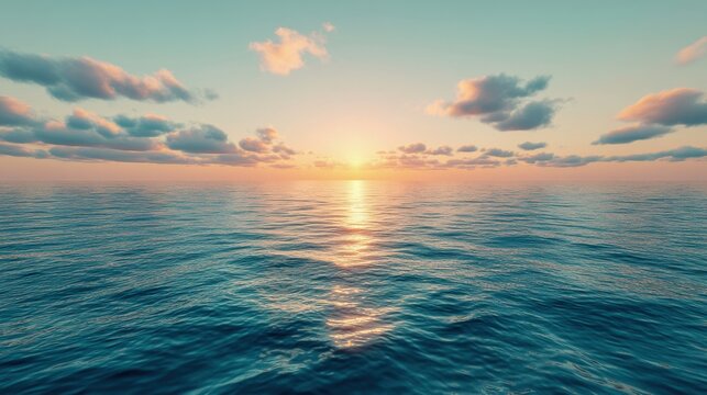 Tranquil ocean sunset with vibrant clouds over calm water, evening serenity captured outdoors