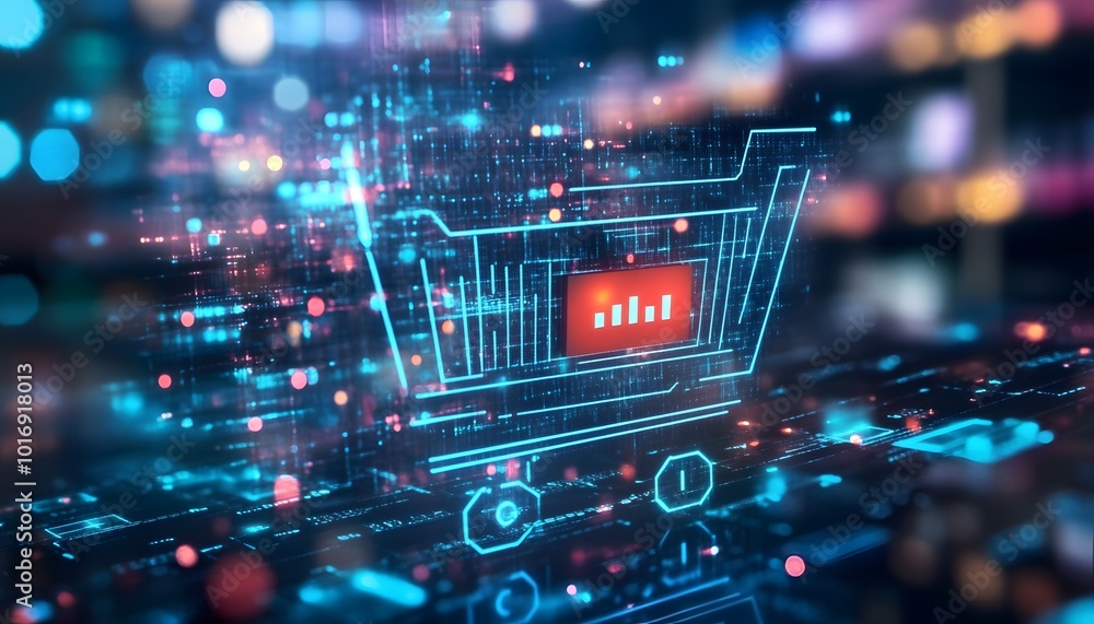 Poster futuristic digital shopping cart with data visualization, representing online shopping and e-commerc