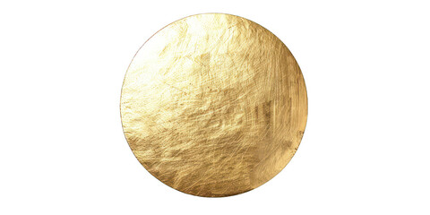 Rustic gold metal disc with weathered texture isolated on white background. Vintage metallic circle for design and decorative use