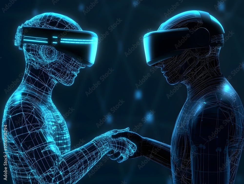 Poster two futuristic figures in virtual reality headsets connect through a digital handshake, symbolizing 
