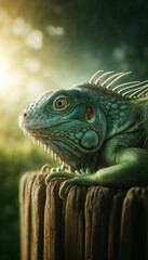 Close-up of a green iguana basking in warm, golden sunlight on a wooden stump in a lush forest.