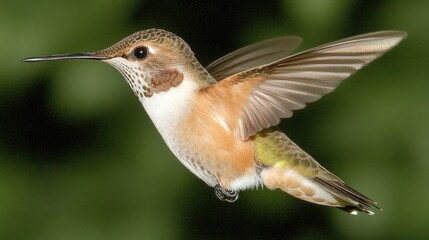 Fototapeta premium Vibrant Hummingbird in Mid-Flight Against Green Background