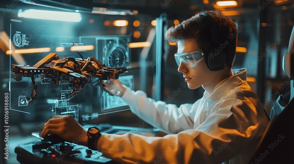 Poster young engineer controls advanced robotics technology with precision in a futuristic lab environment,