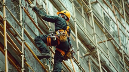 Worker in a safety harness and hard hat, working on a high scaffold, with visible safety ropes and nets in place