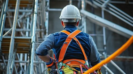 Worker in a safety harness and hard hat, working on a high scaffold, with visible safety ropes and...