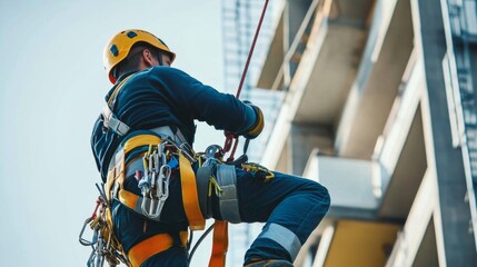Worker in a safety harness and helmet, performing tasks at a significant height with visible safety measures in place