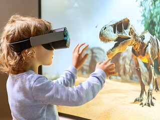 A child experiences virtual reality, interacting with a dinosaur in an immersive educational setting, blending technology and learning.