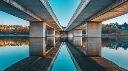 Obraz premium Symmetric underbelly view of a modern concrete bridge showcasing the architectural design and the reflection on the water body below