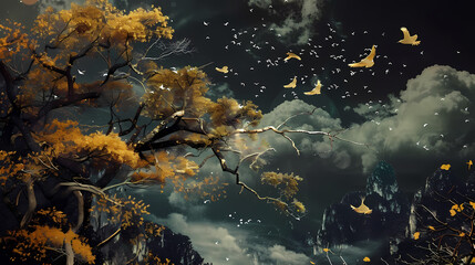 autumn leaves and birds over a thunder view  generated AI