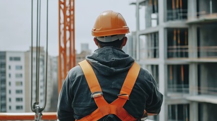 Worker using a safety harness and helmet while performing tasks at a construction site
