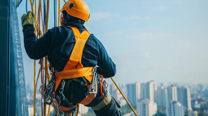 Worker wearing a safety harness and helmet, working on a tall structure with visible safety ropes and equipment