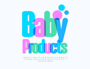 Vector cute logo Baby Products. Creative Colorful Font. Bright Alphabet Letters and Numbers set. 