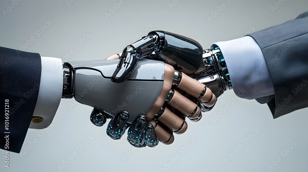 Poster a futuristic handshake between a human hand and a robotic hand symbolizing collaboration and technol