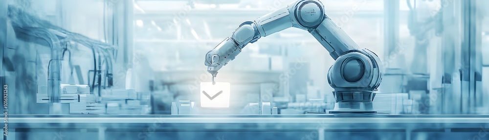 Poster a futuristic robotic arm operates in a high-tech factory setting, showcasing advanced automation and