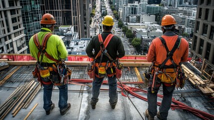 Workers donning safety helmets and harnesses while working at heights on a construction site