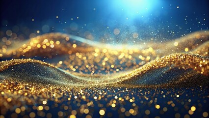 Minimalist golden particles over wavy blue backdrop conveying opulence