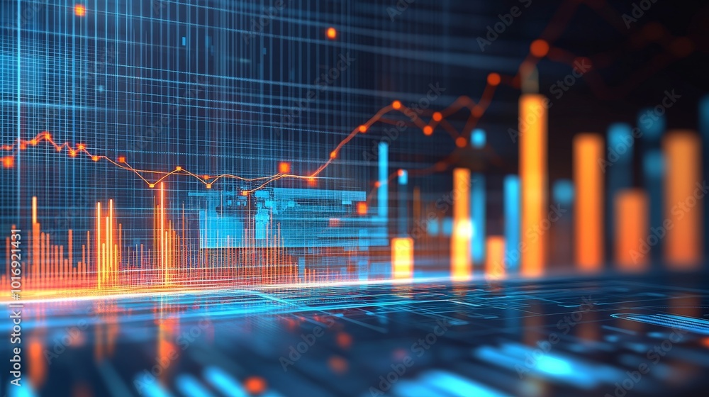 Poster abstract digital data visualization with orange and blue lines and bars