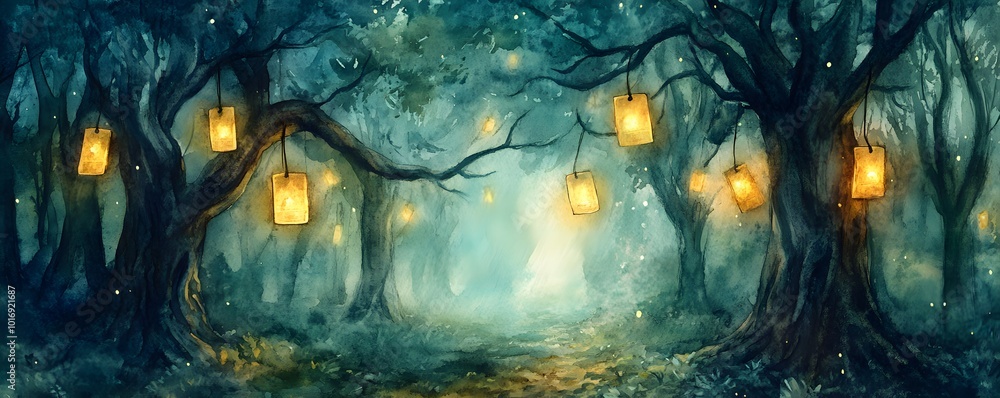 Poster a mystical forest illuminated by glowing lanterns, creating an enchanting atmosphere filled with won