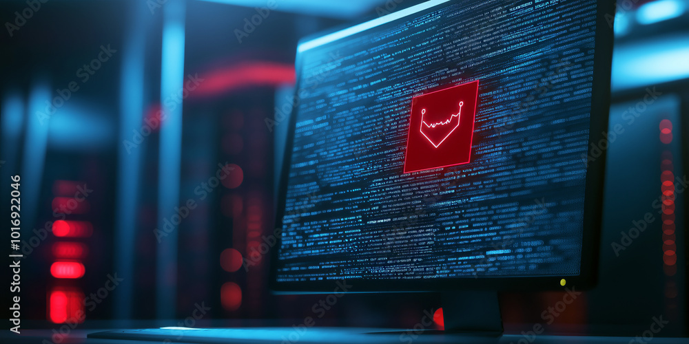 Poster computer screen with a data breach warning, set against thin file icons.