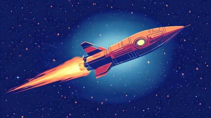 Fototapeta premium Vintage-style rocket soaring in starry night sky with blazing trail of fire