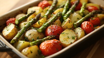 Baked asparagus with potatoes and tomatoes