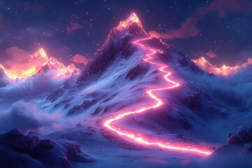 Fototapeta premium futuristic mountain peak with glowing neon path spiraling to summit ethereal scifi landscape under starry night sky with aurora