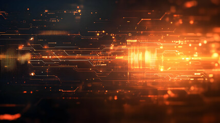 Abstract Background - Orange Digital Circuitry with Glowing Lines and Bokeh Lights