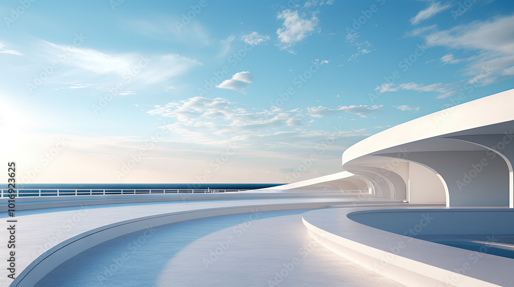 Poster Abstract architecture scene with smooth curves. Abstract background with futuristic building in white and blue colors.