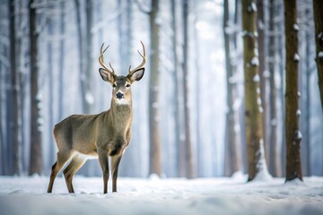Minimalist illustration of deer in snowy forest with mountains