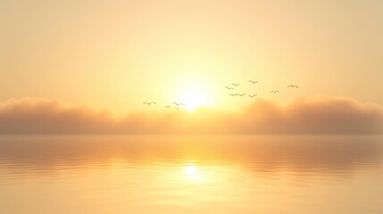 Serene Sunrise Over Calm Water with Silhouetted Birds