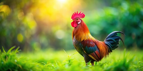 Fototapeta premium Medium shot rooster on green natural background, golden rooster, grass
