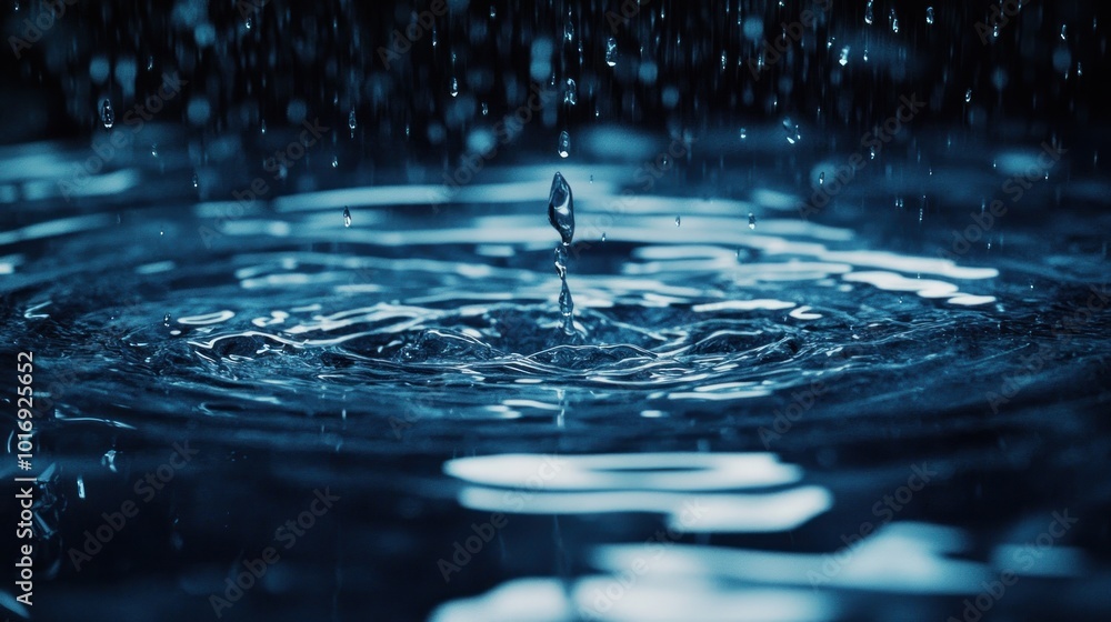 Poster close-up of water droplets creating ripples on a surface, showcasing fluid dynamics.