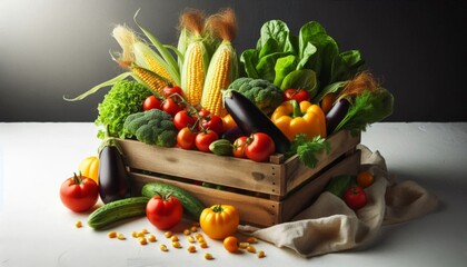 Wooden Crate Overflowing with Freshly Harvested Vegetables on a Clean White Surface A Vibrant Display of Farm-to-Table Freshness