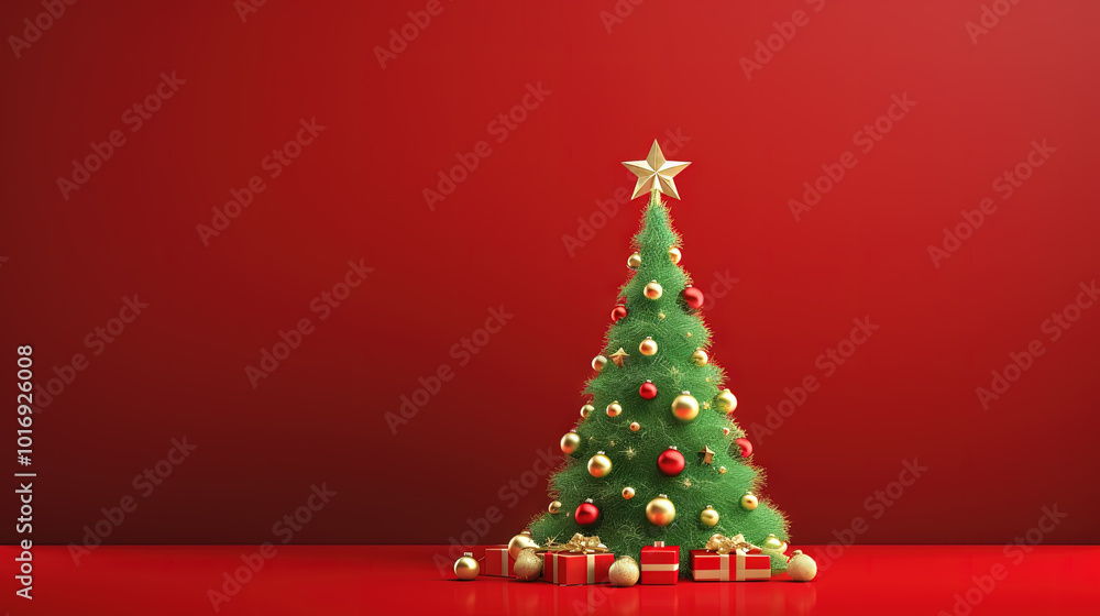 Poster christmas tree toy card template with baubles and copy space. contrast red and green greeting card f
