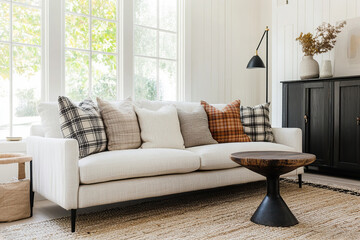 Fototapeta premium A sleek, white linen sofa with black legs and plaid throw pillows in an elegant living room. The setting includes large windows that create soft natural light.