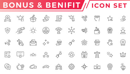 Bonus, benefit, reward and offer stroke outline icons set