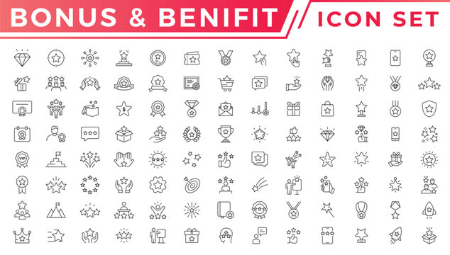 Bonus, benefit, reward and offer stroke outline icons set
