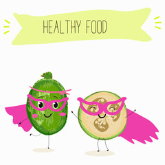 Cute  feijoa characters, funny fruits, different activities. Flat vector illustration. Organic food, healthy food, illustrations for kids menu, invitations.