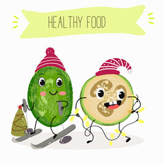 Cute  feijoa characters, funny fruits, different activities. Flat vector illustration. Organic food, healthy food, illustrations for kids menu, invitations.