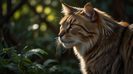 Obraz premium A brown tabby cat with green eyes looking intently to the left, bathed in warm sunlight, with a blurred green background.